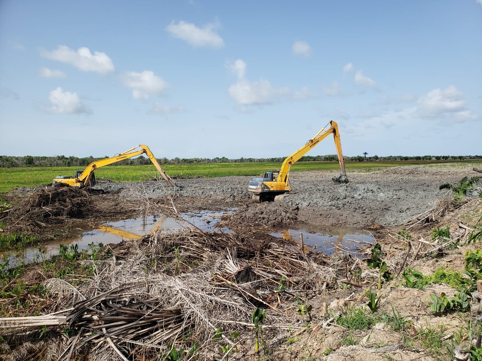Two long-reach excavators dredging a channel at the East Demerara Water Conservancy under a wide sky
